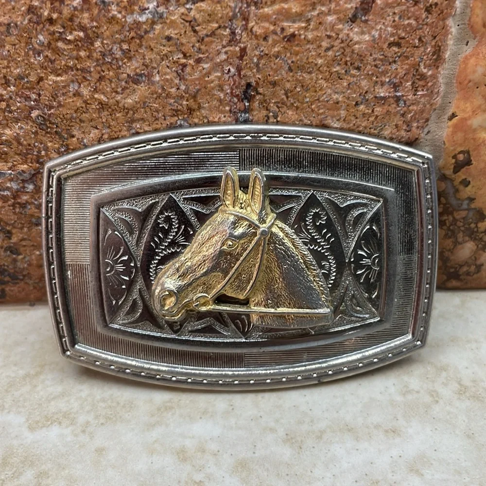 Western Belt Buckle Horse Head Cowboy Girl Gold Accent Silver Tone Rodeo